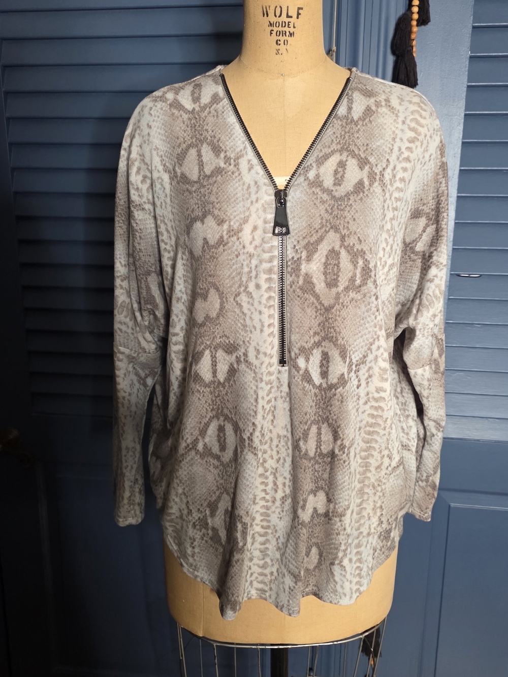 Ariella Gray Snake-Print V-Neck Zip Sweater Blouse